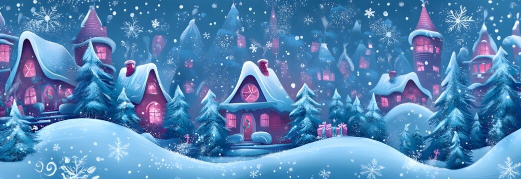 Winter city scene, Christmas card, New Year background, vector cute fairy tale house with snow. Pattern Christmas Winter Landscape Design Postal Cart，banner