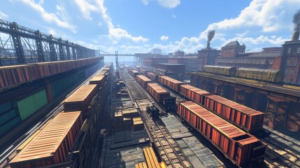 Poster - industrial railway yard with container trains and blue sky