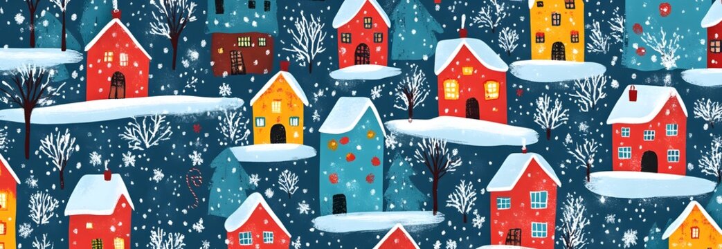 Winter city scene, Christmas card, New Year background, vector cute fairy tale house with snow. Pattern Christmas Winter Landscape Design Postal Cart，banner