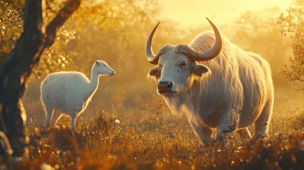 Canvas Print - White Buffalo and Fawn in Golden Meadow