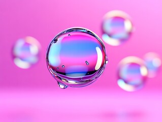 Wall Mural - A group of water droplets floating on a pink surface