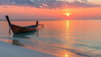 Canvas Print - Sunset Serenity with a Longtail Boat on a Tranquil Beach