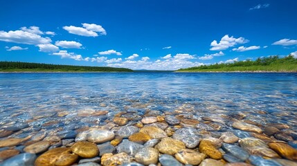 Wall Mural - a view of a body of water with rocks in the foreground