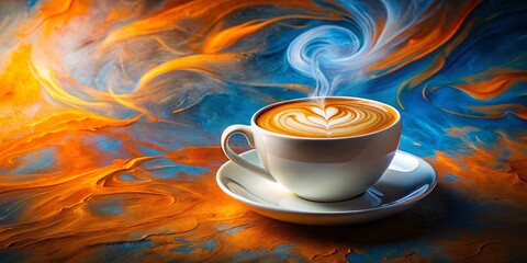 Wall Mural - A steaming cup of latte art on a vibrant abstract background of swirling blue and orange hues