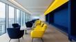 © Khritthithat - Modern office interior featuring yellow and blue armchairs with panoramic views, minimalist design, and spacious layout promoting productivity and comfort