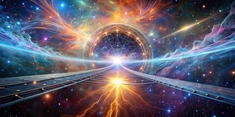 Wall Mural - a cosmic pathway leading towards a radiant celestial gate within a vibrant nebula, where stars illum