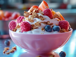 Wall Mural - A colorful bowl of yogurt topped with granola, fresh raspberries, blueberries, and sliced strawberries, perfect for a healthy snack or breakfast.