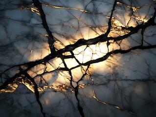 Poster - Backlit cracked marble with light shining through fissures.