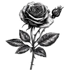 Aufkleber - Black and white detailed illustration of a rose with bud and leaves.