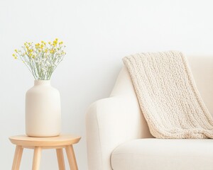 Poster - Minimalist Spring Decor Cozy Nook with Pastel Armchair and Fresh Flowers