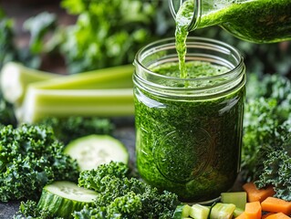 Wall Mural - Fresh green smoothie being poured into a jar, surrounded by vibrant vegetables like kale, cucumber, and celery.