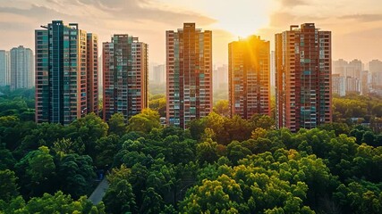 Poster - Golden sunlight bathes contemporary high-rise apartments nestled among dense trees, showcasing a harmonious blend of nature and urban living during twilight hours.