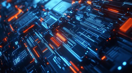 Glowing lines move across a dark background, creating a futuristic design with blue and red hues. This abstract image captures innovation and science in the digital