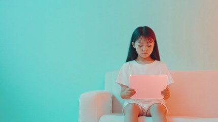 Poster - Young Girl Using Tablet for Digital Learning on Cozy Couch in Soft Lighting