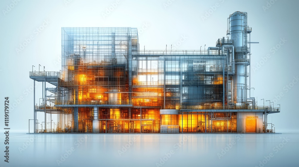 Cross-section view of illuminated industrial facility showing internal ...