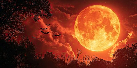 Wall Mural - A Halloween night sky with a large, orange moon, bats flying across it, and a haunted forest below.