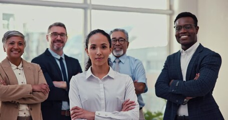 Wall Mural - Woman, crossed arms and face of business people in office for about us, company pride and teamwork. Professional, corporate and portrait of men and women for collaboration, leadership and career