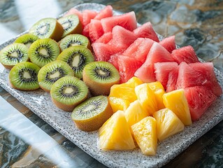 Wall Mural - A vibrant platter of fresh kiwi, watermelon, and pineapple, showcasing a colorful assortment of tropical fruits.