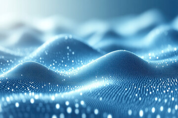 Abstract blue digital landscape with flowing particles.