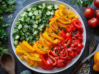 Wall Mural - A colorful platter featuring sliced cucumbers, yellow, red, and green bell peppers, garnished with herbs, perfect for healthy snacking.