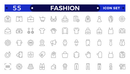 Clothing Outline icon set. Dress, polo t-shirt, jeans, winter coat, jacket pants, skirt minimal vector illustrations. Simple outline signs for fashion application. Fashion, sewing, clothing.