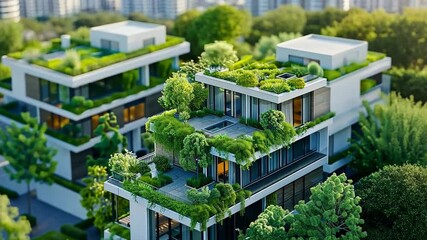 Poster - Luxurious residential buildings highlight sustainable design with extensive greenery on rooftops and balconies. This innovative estate blends modern living with nature in an urban setting.