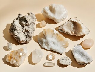 Poster - Collection of various light-colored crystals and rocks on beige background.
