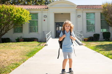 Aufkleber - Kid school boy enjoy school vacation. Day out or weekend. Knowledge day. Vacation or school break.