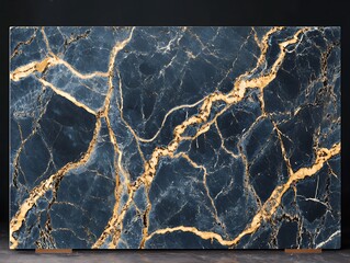 Poster - Dark blue marble slab with gold veins, displayed on a dark background.