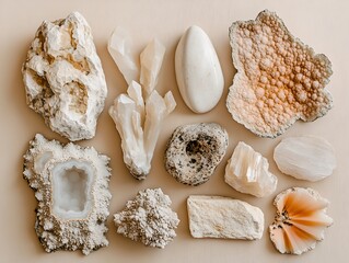 Poster - Flat lay of various natural stones and crystals on beige background.