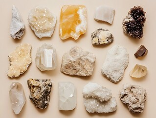 Poster - Flat lay of various crystals and minerals on beige background.