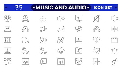 Wall Mural - Music and Audio Outline icons set. Media, camera movie, voice, radio, music streaming, photography, headphones, cinema, podcast, broadcasting, content outline icon collection.