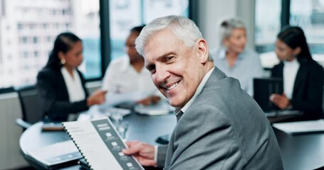 Poster - Business people, office and face of mature man in meeting, planning and discussion with team. Professional, boardroom and portrait of person with documents for company review, proposal and feedback