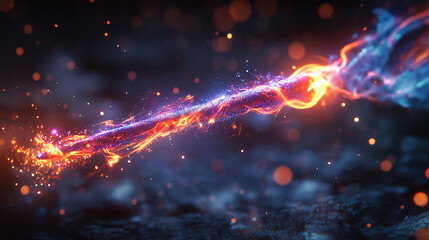 Fototapete - Abstract vibrant digital art with a flowing trail of glowing particles. A stunning abstract image showcasing a dynamic, flowing trail of vibrant pink and orange particles against a backdrop of dark bl