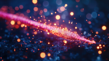 Fototapete - Abstract vibrant digital art with a flowing trail of glowing particles. A stunning abstract image showcasing a dynamic, flowing trail of vibrant pink and orange particles against a backdrop of dark bl