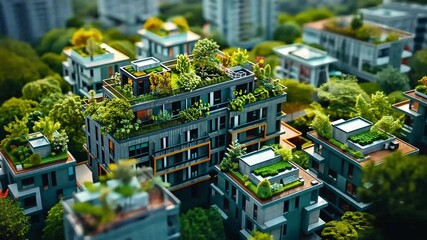 Poster - Modern architecture showcases vibrant greenery atop buildings in an urban environment.