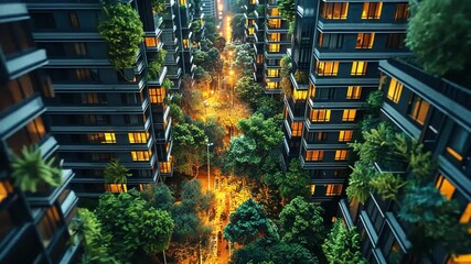 Poster - Aerial view showcases a luxurious modern estate nestled among lush greenery in an illuminated urban neighborhood at night. The vibrant city lights enhance the peaceful atmosphere.