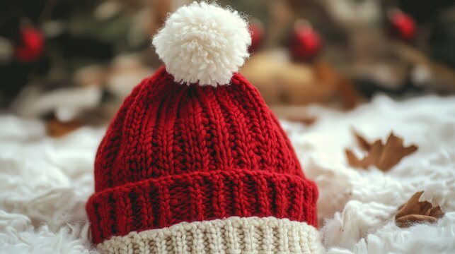 A charming PNG image of a red Christmas hat with a white furry band and a pom-pom