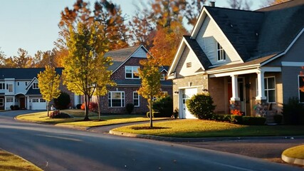 Poster - A peaceful residential area features beautifully designed houses lined along a winding street. Colorful autumn leaves add warmth, as sunlight casts a gentle glow on the scene.