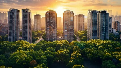 Aufkleber - A breathtaking sunset casts warm hues over contemporary skyscrapers, framed by a sea of greenery.