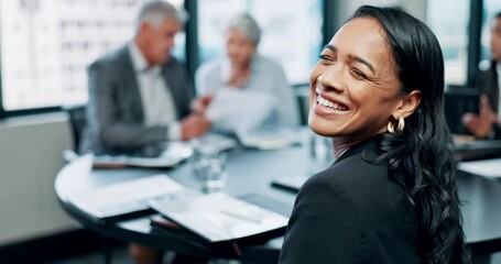 Aufkleber - Meeting, office and face of woman with business people for discussion, planning and workshop with team. Professional, boardroom and portrait of person with documents for career, job and working