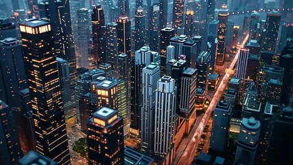 Aufkleber - Elevated view of a bustling city filled with towering skyscrapers. Bright lights illuminate the streets, reflecting the vibrant nightlife and modern architecture that define this urban environment.