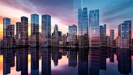 Poster - A vibrant city skyline is illuminated during twilight, showcasing modern skyscrapers with reflective glass surfaces. The colorful sunset creates a captivating atmosphere over calm waters.