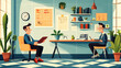 © Pisahouse - Gang violence and social effects, A modern office scene featuring two men in a conversation, surrounded by plants, bookshelves, and a clock, creating a professional yet inviting atmosphere.