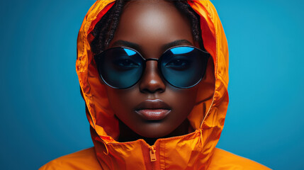 Wall Mural - Stylish young woman in an orange jacket and sunglasses against a vibrant blue background, showcasing urban fashion and confidence in modern photography.