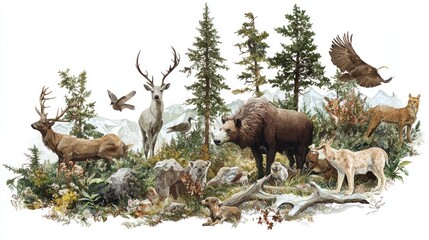 Naklejka na meble An artistic illustration depicting a variety of wildlife and plants found in the wilderness.