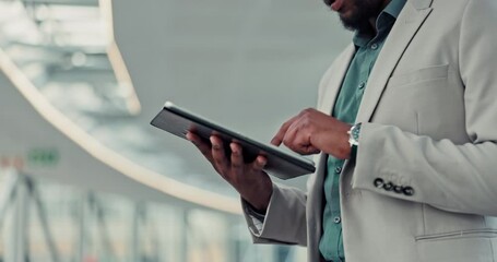 Aufkleber - Businessman, typing and browsing with tablet for research, online news or communication. Closeup, man or employee with technology for travel app, destination or boarding location at airport terminal