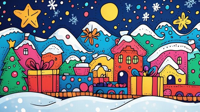 Bright and festive Christmas train doodle design, with colorful gifts and a snowy landscape for a cheerful vibe