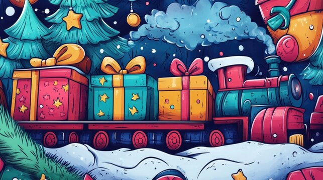 Bright and festive Christmas train doodle design, with colorful gifts and a snowy landscape for a cheerful vibe