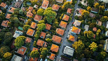 Poster - An aerial perspective captures a serene residential neighborhood with charming houses sporting red roofs. Trees around show stunning autumn foliage, enhancing the peaceful setting.
